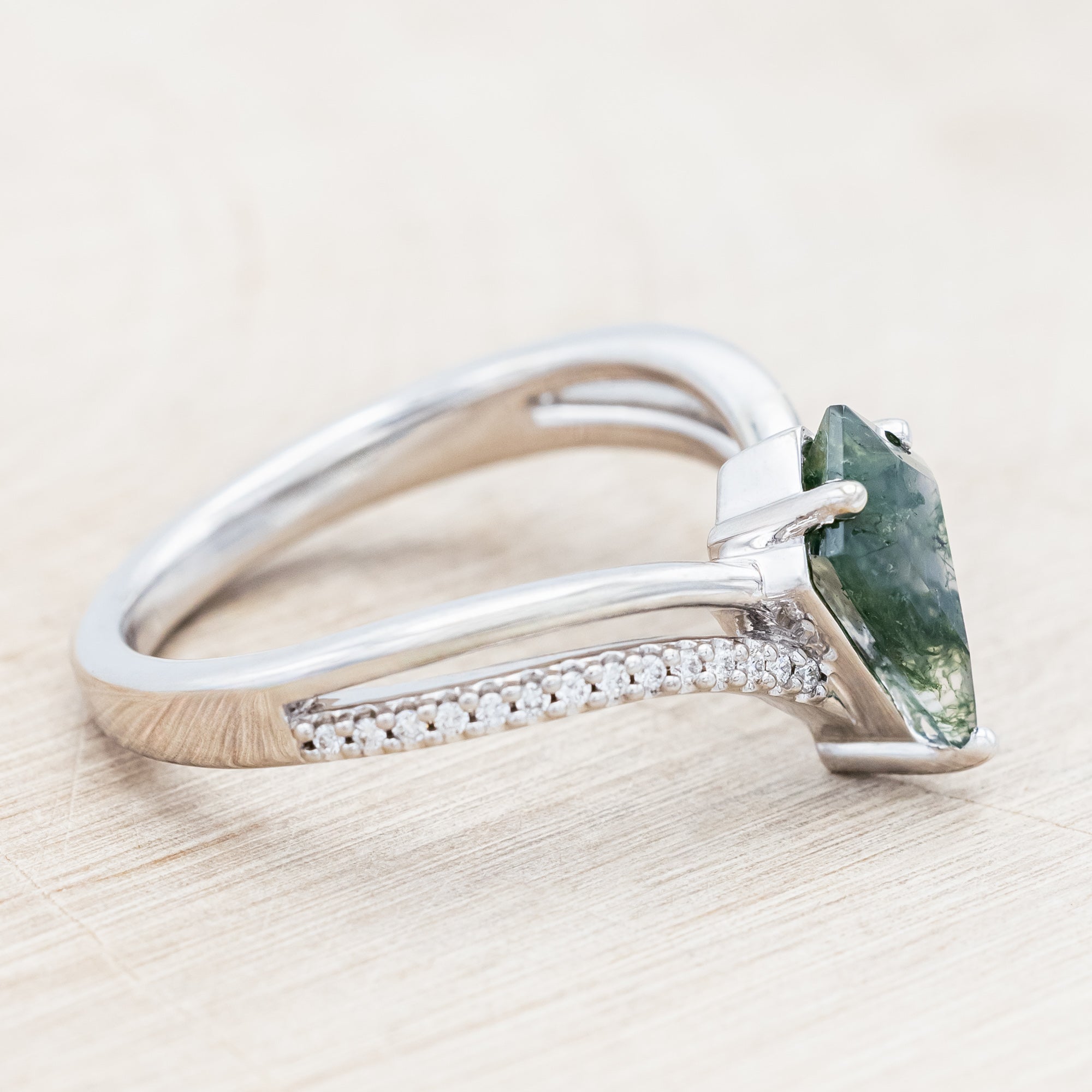 "CICELY" - KITE CUT MOSS AGATE ENGAGEMENT RING WITH DIAMOND ACCENTS-Staghead Designs