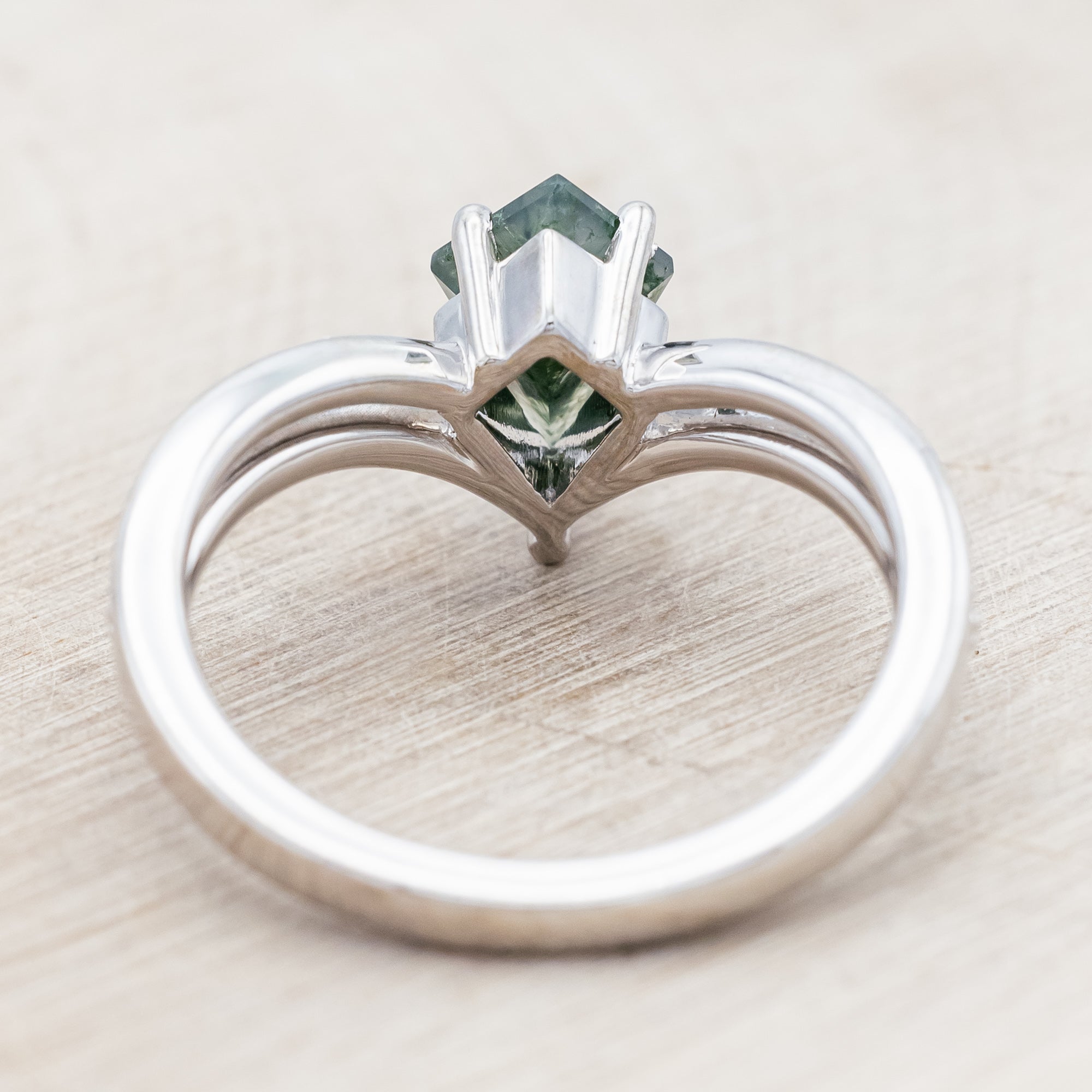 "CICELY" - KITE CUT MOSS AGATE ENGAGEMENT RING WITH DIAMOND ACCENTS-Staghead Designs