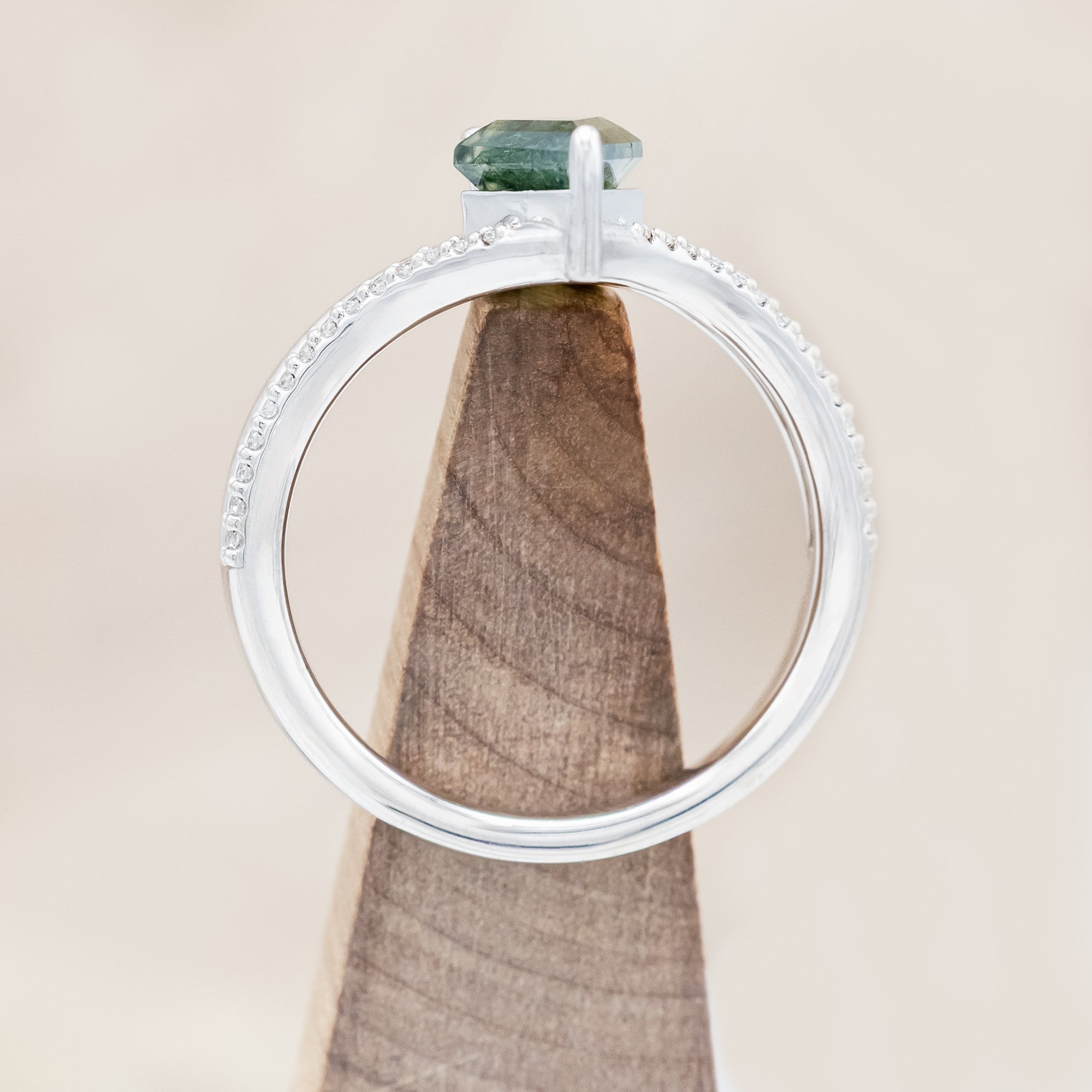 "CICELY" - KITE CUT MOSS AGATE ENGAGEMENT RING WITH DIAMOND ACCENTS-Staghead Designs