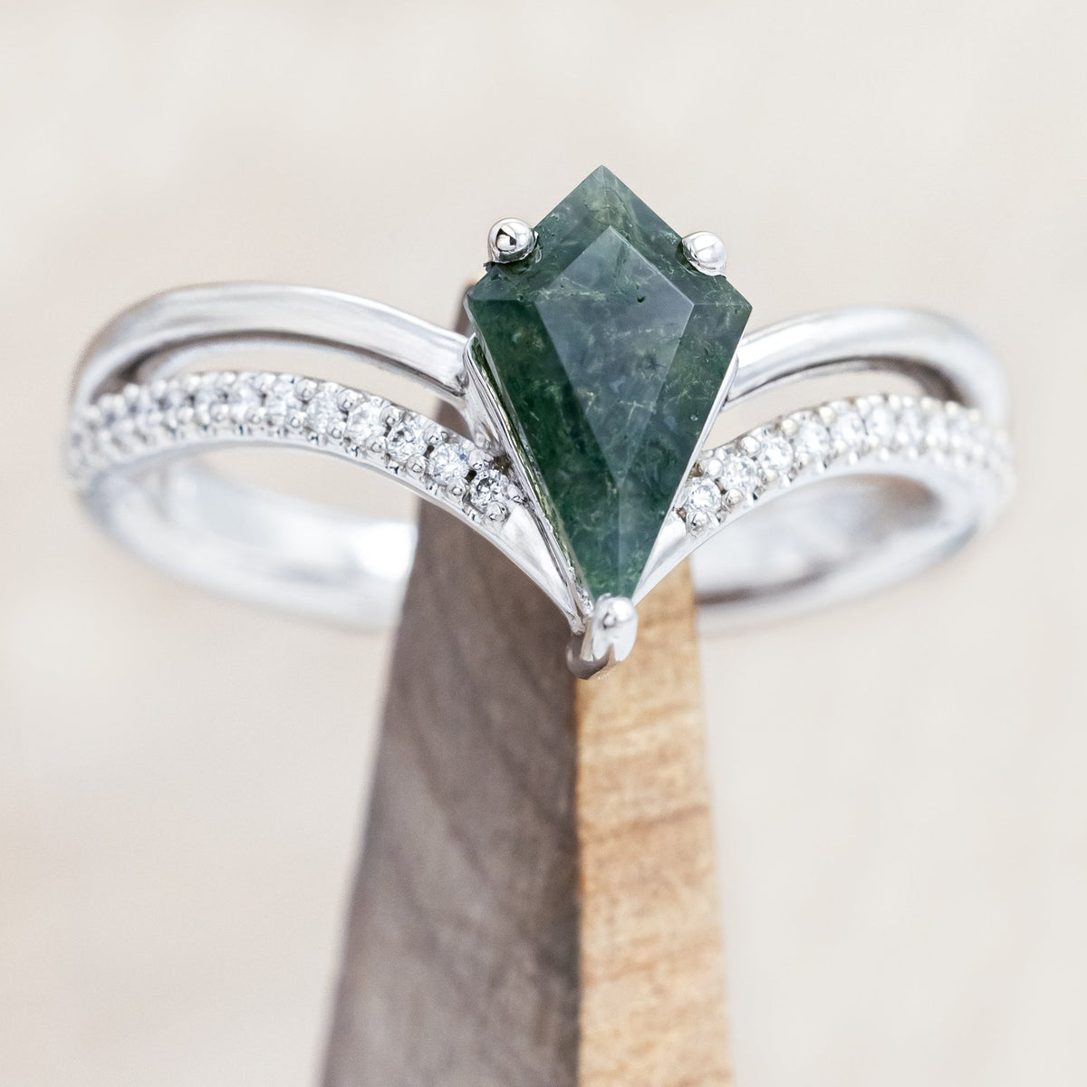"CICELY" - KITE CUT MOSS AGATE ENGAGEMENT RING WITH DIAMOND ACCENTS-Staghead Designs