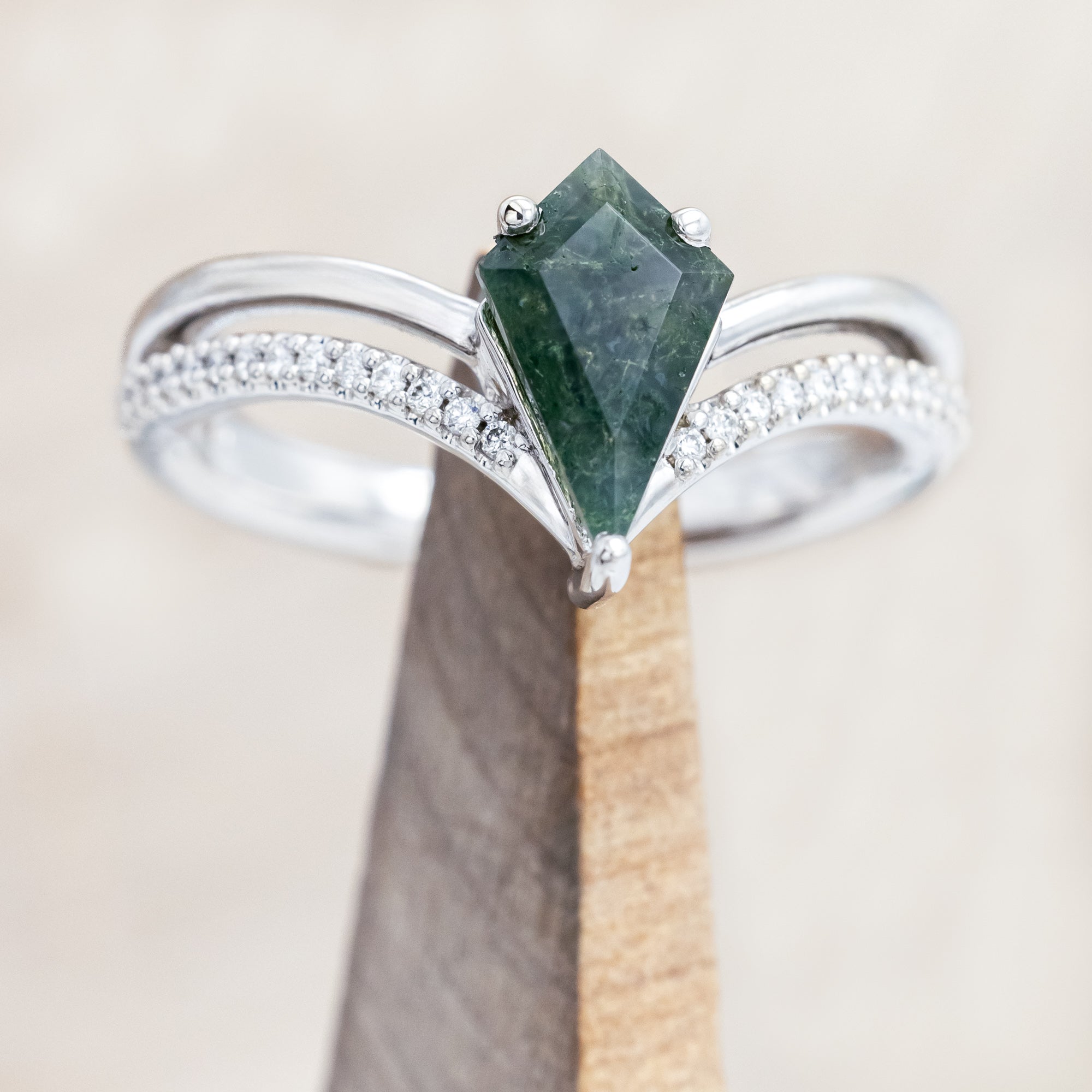 "CICELY" - KITE CUT MOSS AGATE ENGAGEMENT RING WITH DIAMOND ACCENTS-Staghead Designs