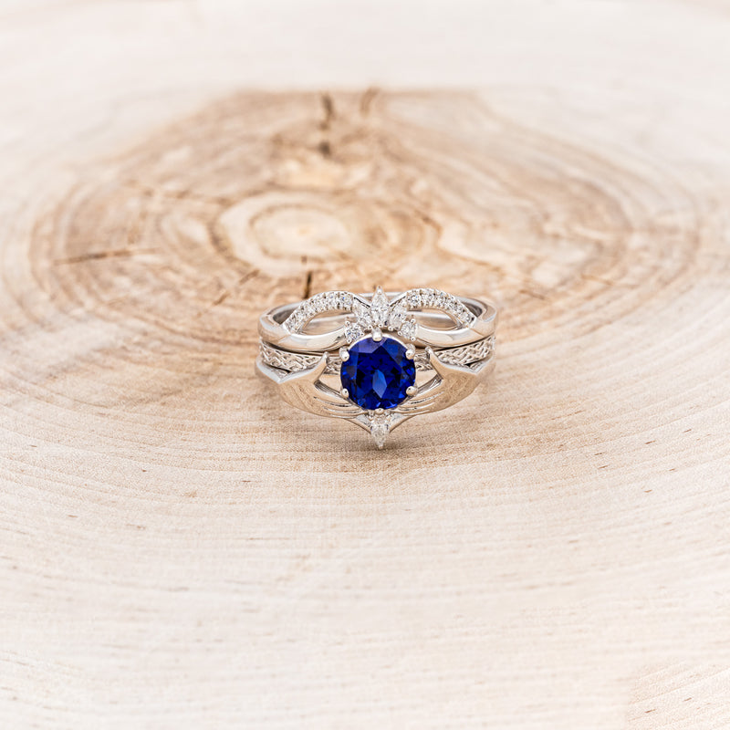 CLADDAGH BRIDAL SUITE - CELTIC KNOT LAB-GROWN BLUE SAPPHIRE SOLITAIRE ENGAGEMENT RING WITH DIAMOND ACCENT TRACER & CLADDAGH TRACER