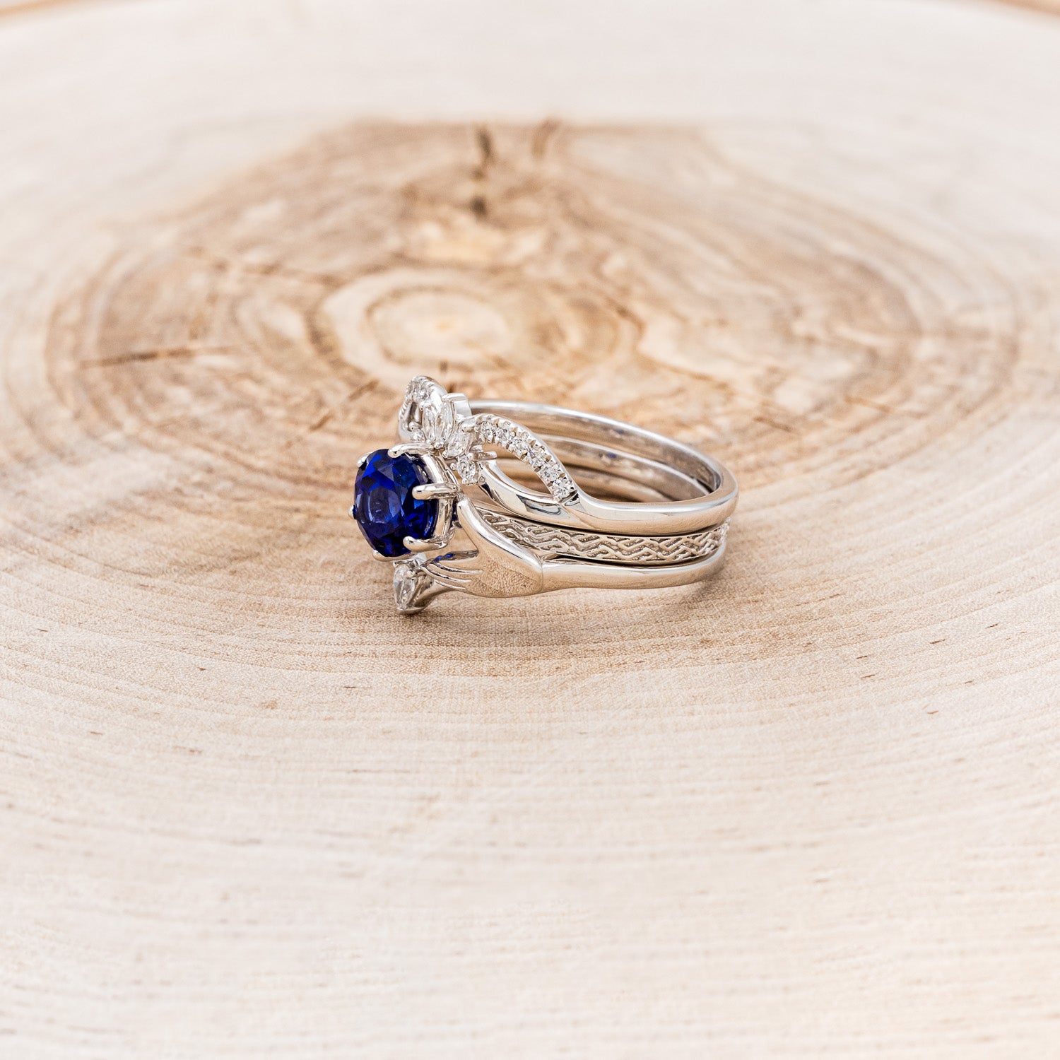 CLADDAGH BRIDAL SUITE - CELTIC KNOT LAB-GROWN BLUE SAPPHIRE SOLITAIRE ENGAGEMENT RING WITH DIAMOND ACCENT TRACER & CLADDAGH TRACER-3