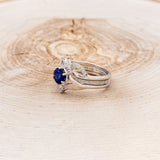 CLADDAGH BRIDAL SUITE - CELTIC KNOT LAB-GROWN BLUE SAPPHIRE SOLITAIRE ENGAGEMENT RING WITH DIAMOND ACCENT TRACER & CLADDAGH TRACER