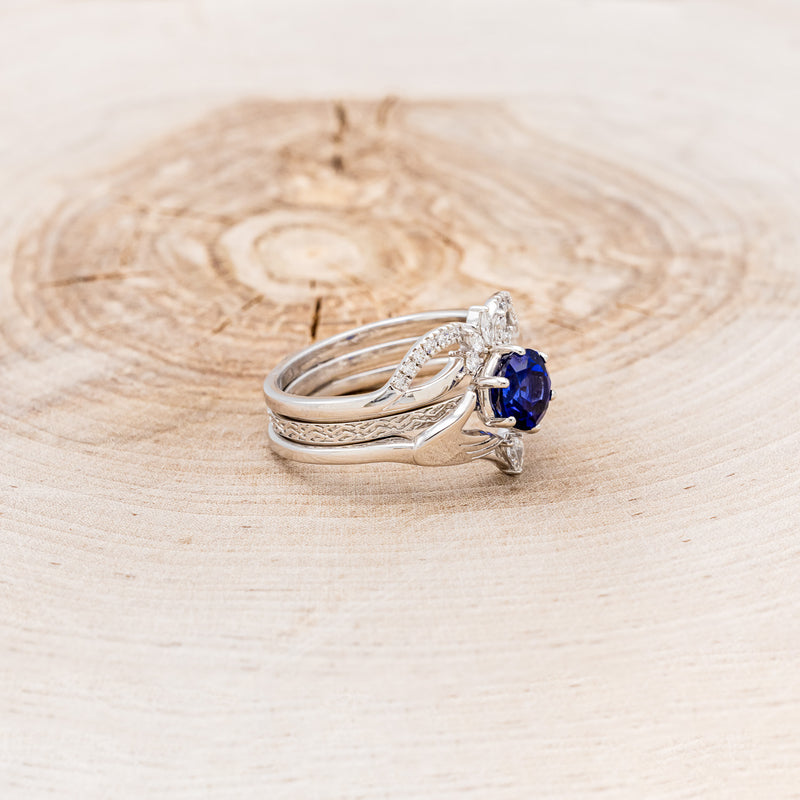 CLADDAGH BRIDAL SUITE - CELTIC KNOT LAB-GROWN BLUE SAPPHIRE SOLITAIRE ENGAGEMENT RING WITH DIAMOND ACCENT TRACER & CLADDAGH TRACER