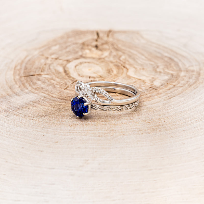 CLADDAGH BRIDAL SUITE - CELTIC KNOT LAB-GROWN BLUE SAPPHIRE SOLITAIRE ENGAGEMENT RING WITH DIAMOND ACCENT TRACER & CLADDAGH TRACER