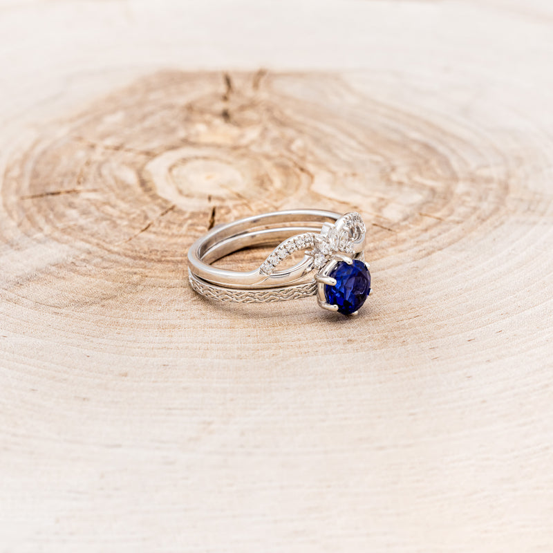 CLADDAGH BRIDAL SUITE - CELTIC KNOT LAB-GROWN BLUE SAPPHIRE SOLITAIRE ENGAGEMENT RING WITH DIAMOND ACCENT TRACER & CLADDAGH TRACER-8