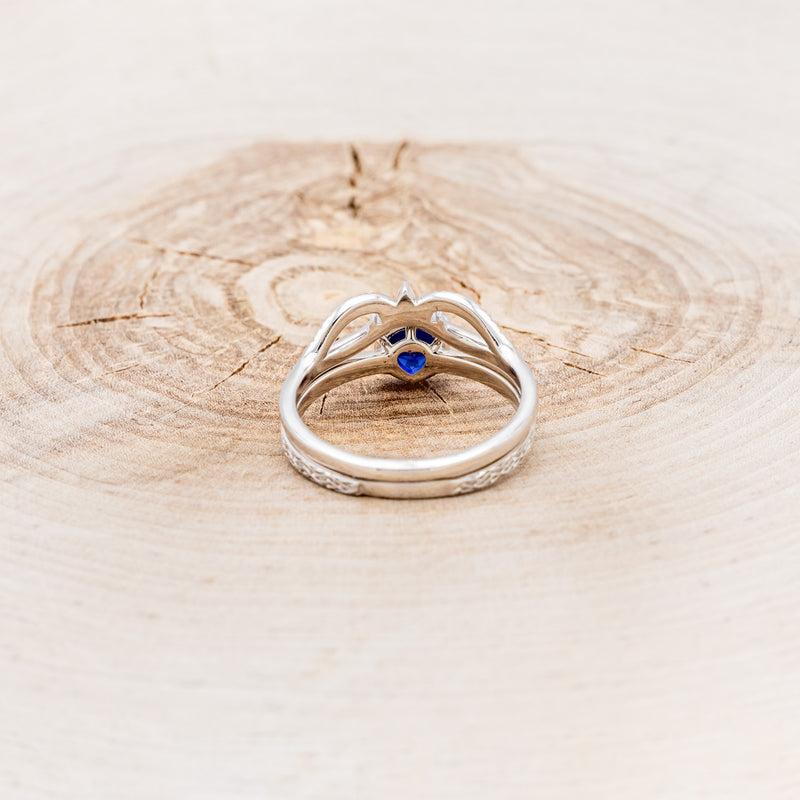 CLADDAGH BRIDAL SUITE - CELTIC KNOT LAB-GROWN BLUE SAPPHIRE SOLITAIRE ENGAGEMENT RING WITH DIAMOND ACCENT TRACER & CLADDAGH TRACER