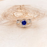 CLADDAGH BRIDAL SUITE - CELTIC KNOT LAB-GROWN BLUE SAPPHIRE SOLITAIRE ENGAGEMENT RING WITH DIAMOND ACCENT TRACER & CLADDAGH TRACER