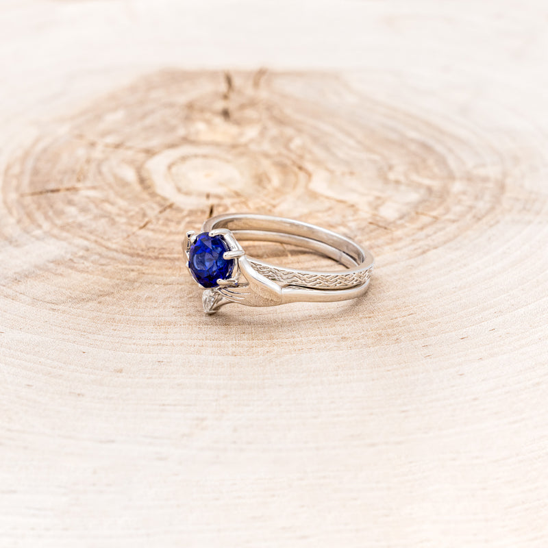 CLADDAGH BRIDAL SUITE - CELTIC KNOT LAB-GROWN BLUE SAPPHIRE SOLITAIRE ENGAGEMENT RING WITH DIAMOND ACCENT TRACER & CLADDAGH TRACER