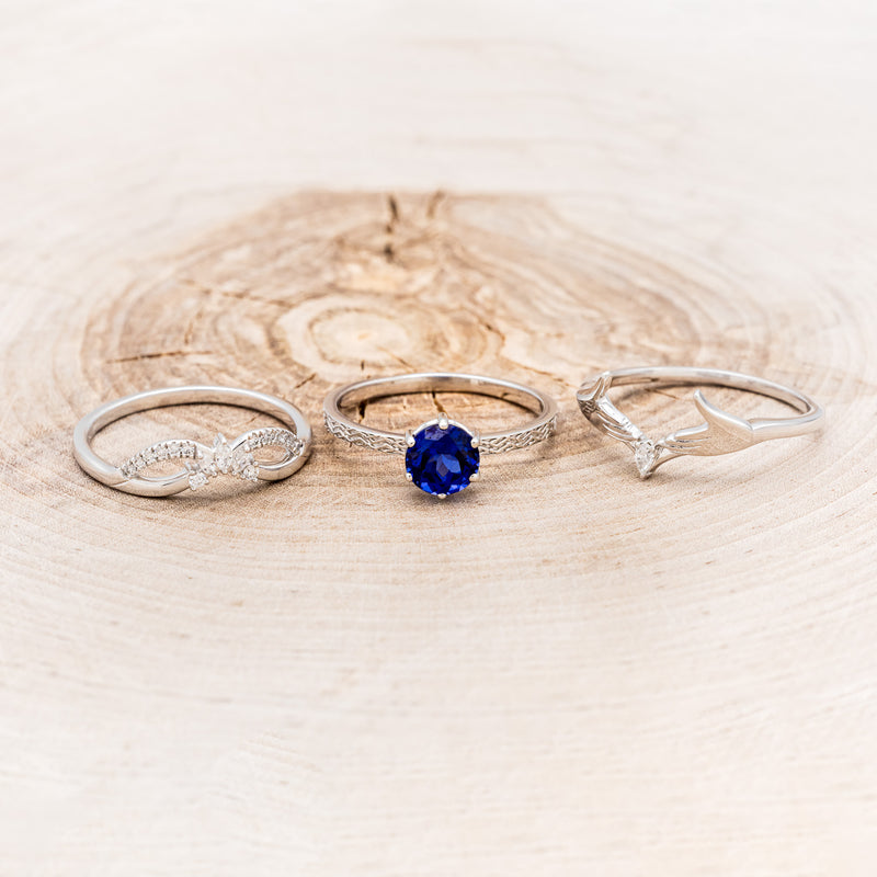 CLADDAGH BRIDAL SUITE - CELTIC KNOT LAB-GROWN BLUE SAPPHIRE SOLITAIRE ENGAGEMENT RING WITH DIAMOND ACCENT TRACER & CLADDAGH TRACER-6