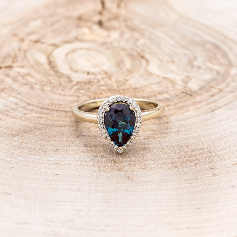 "CLARISS" - PEAR-SHAPED LAB-GROWN ALEXANDRITE ENGAGEMENT RING WITH DIAMOND HALO - EXPEDITED-10