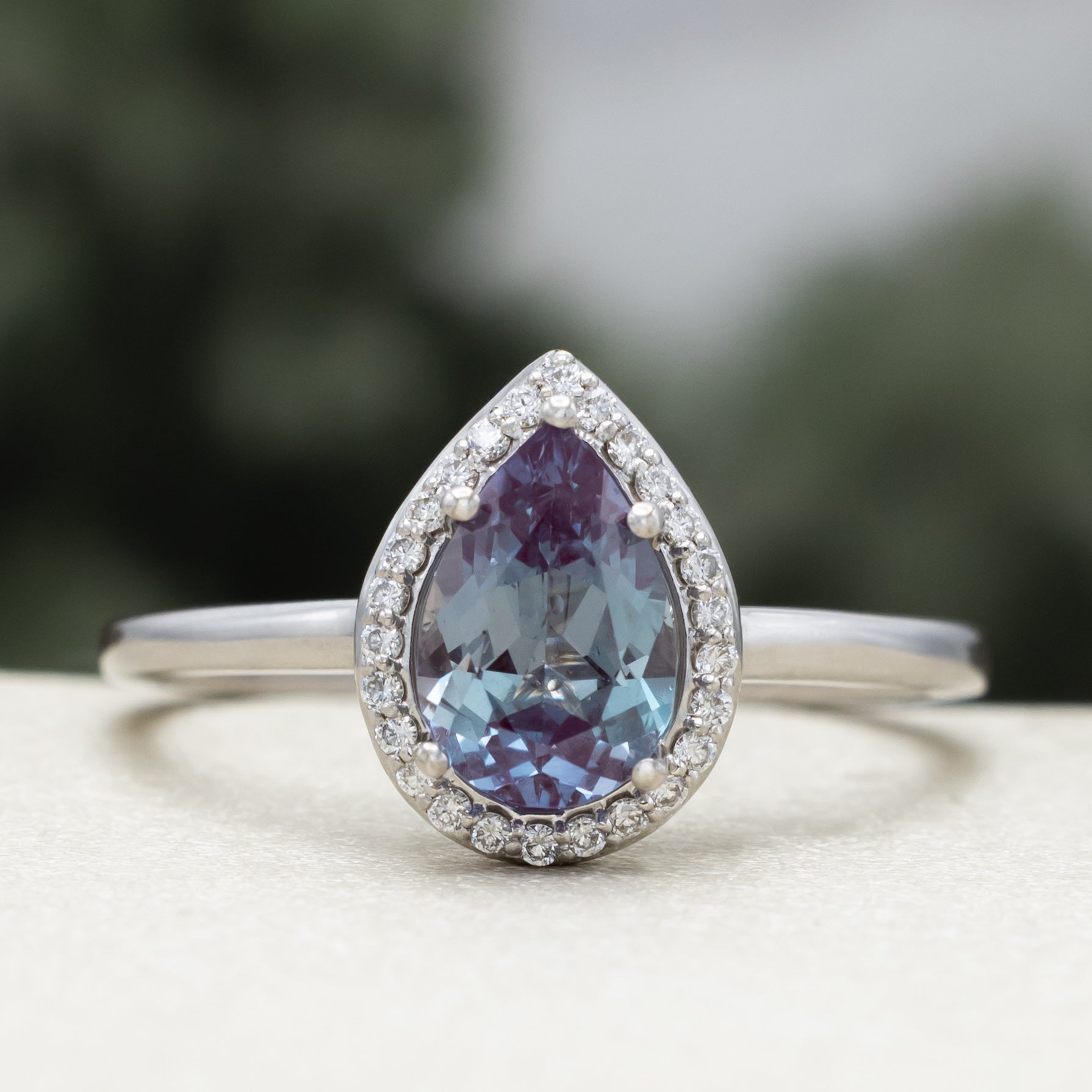 "Clariss" - Pear Cut Lab-Grown Alexandrite Engagement Ring With Diamond Halo - Ready To Ship
