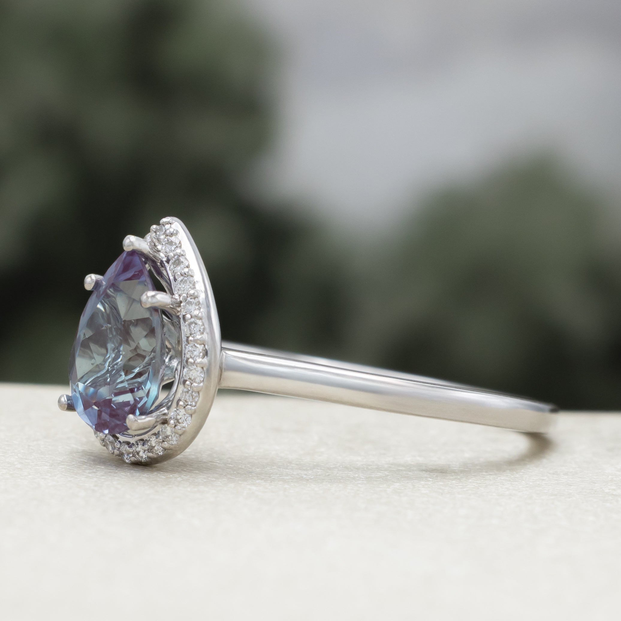 "Clariss" - Pear Cut Lab-Grown Alexandrite Engagement Ring With Diamond Halo - Ready To Ship