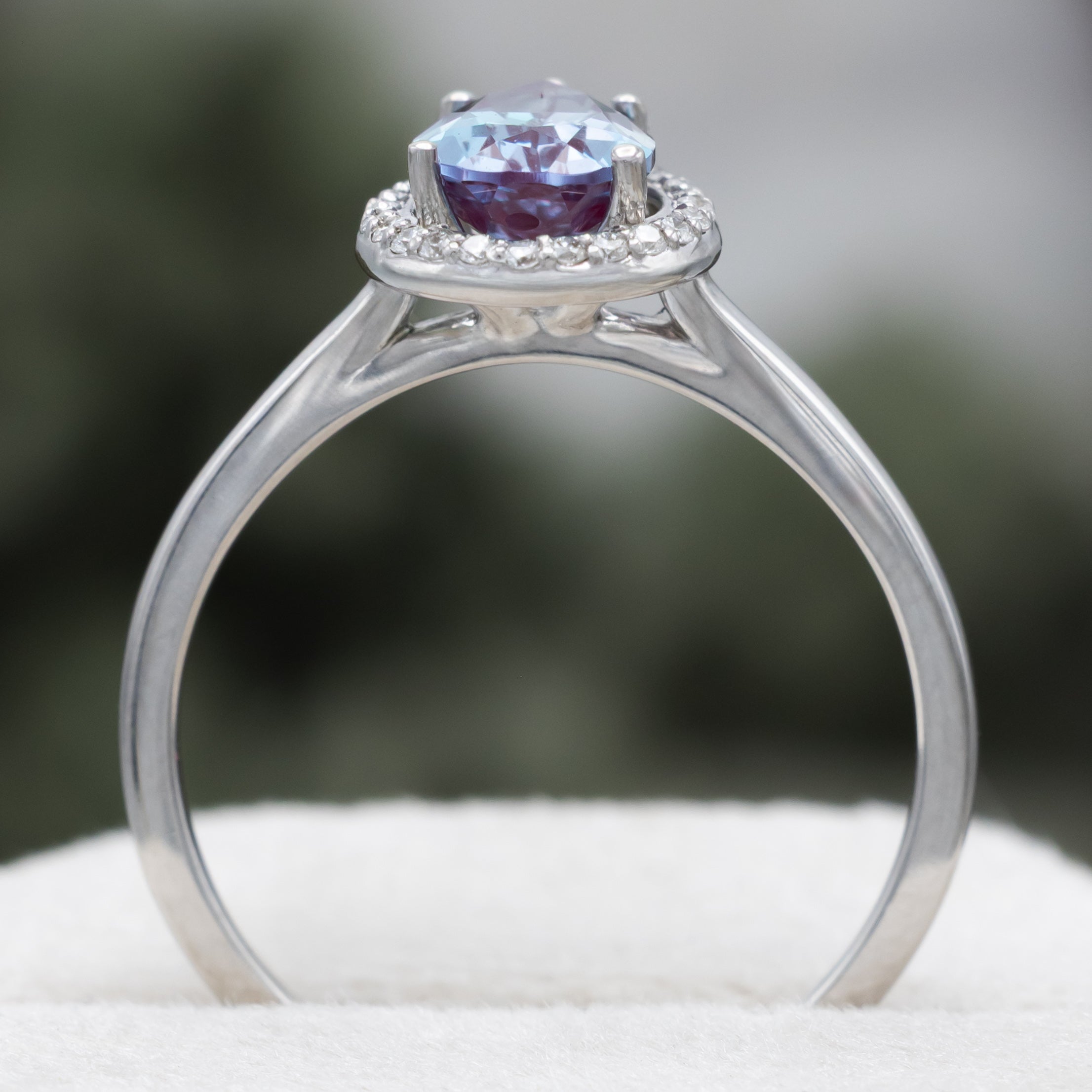 "Clariss" - Pear Cut Lab-Grown Alexandrite Engagement Ring With Diamond Halo - Ready To Ship