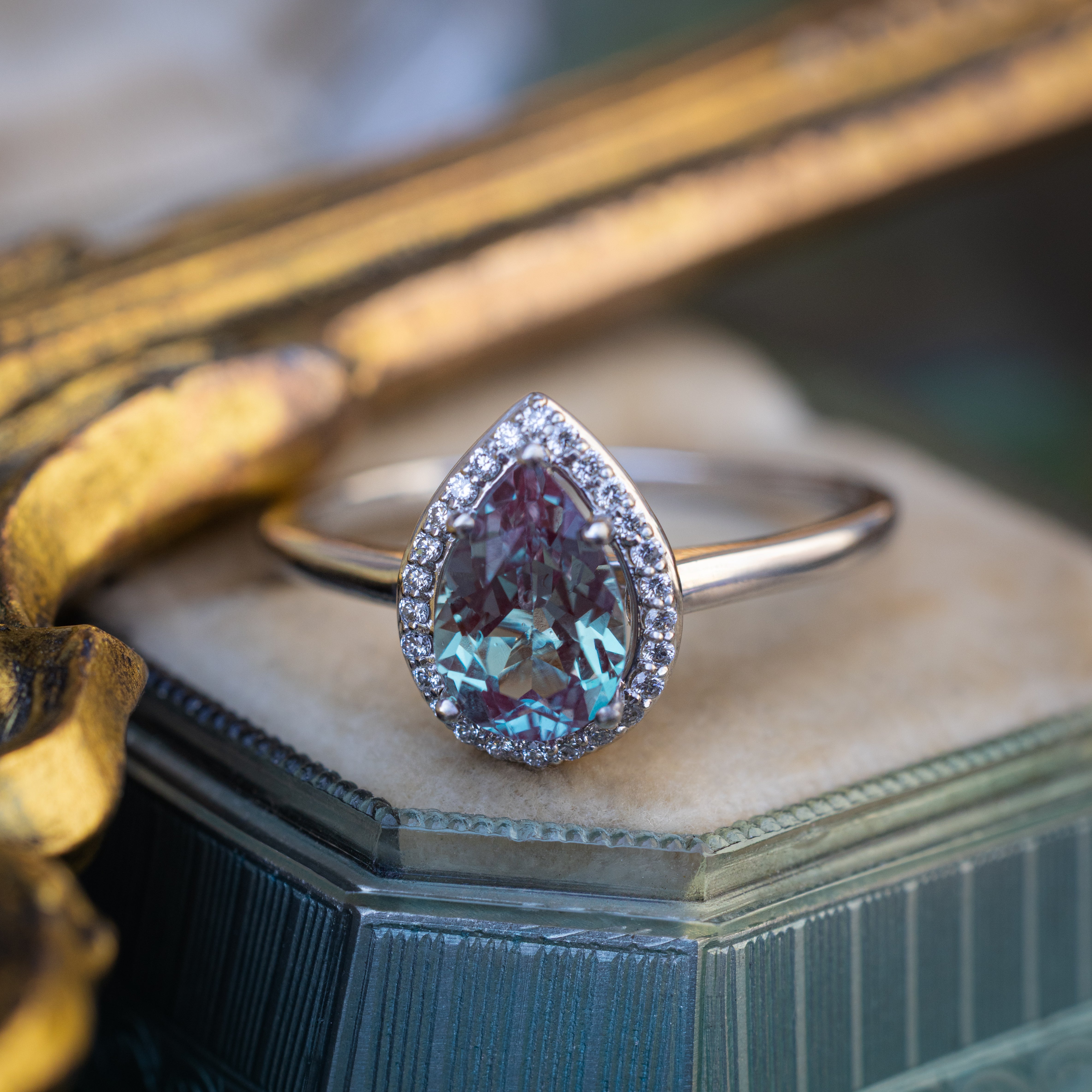 "Clariss" - Pear Cut Lab-Grown Alexandrite Engagement Ring With Diamond Halo - Ready To Ship