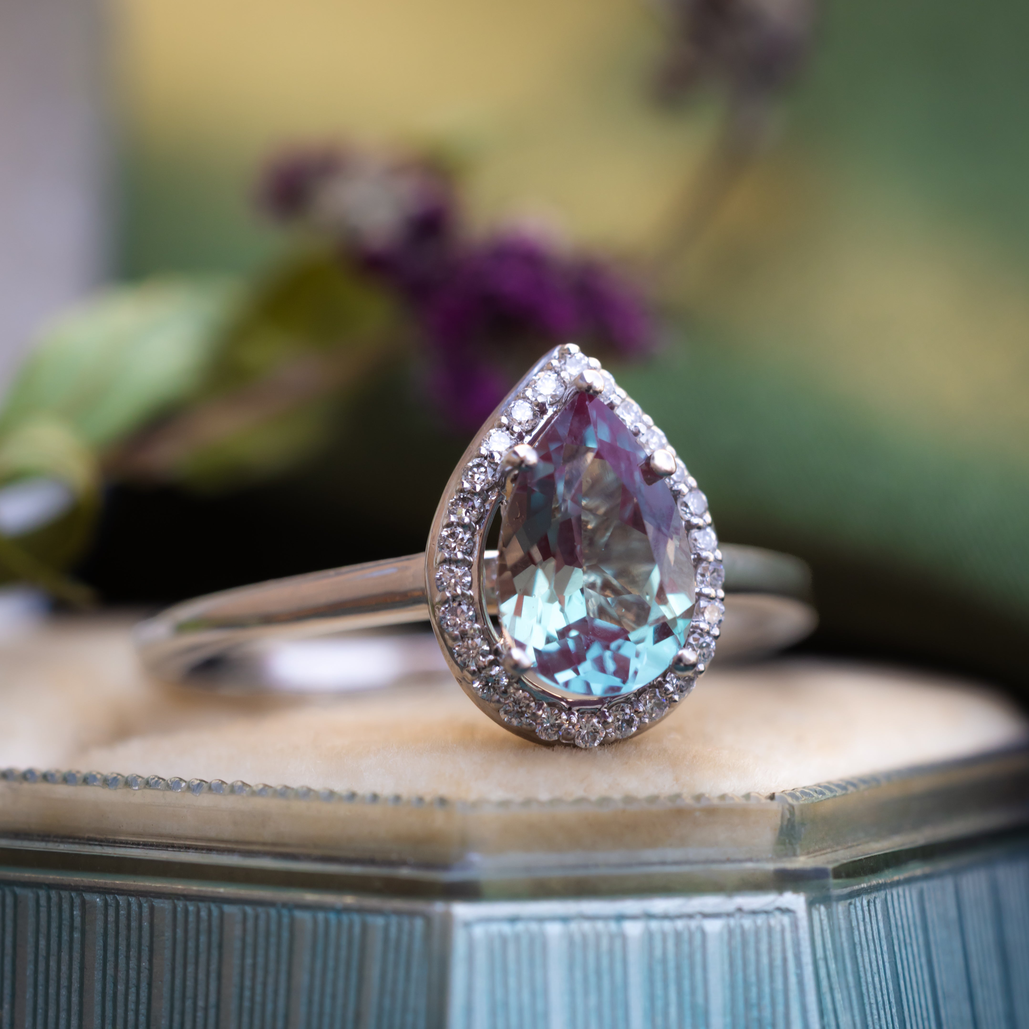 "Clariss" - Pear Cut Lab-Grown Alexandrite Engagement Ring With Diamond Halo - Ready To Ship