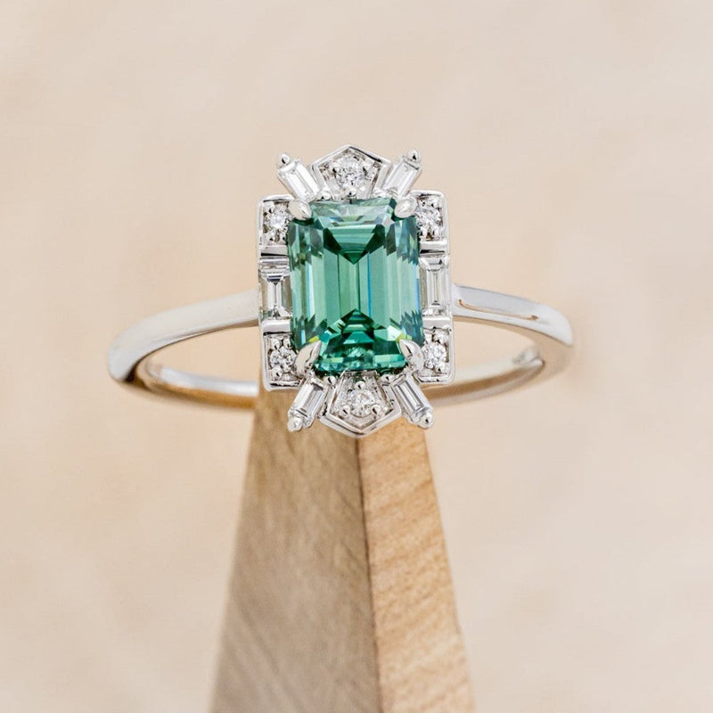 "CLEOPATRA" - EMERALD CUT GREEN MOISSANITE ENGAGEMENT RING WITH DIAMOND ACCENTS-1