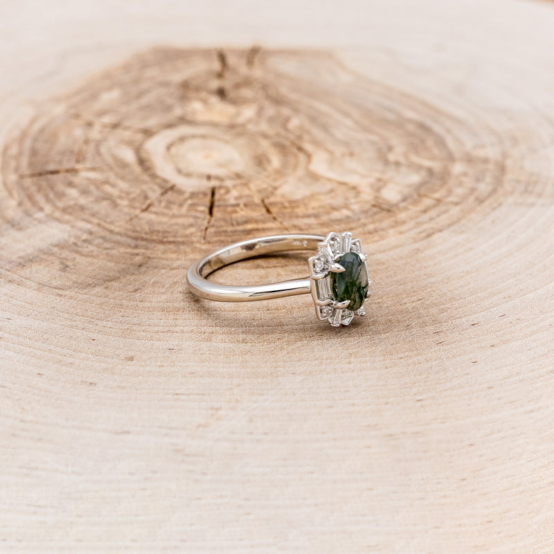 "CLEOPATRA" - OVAL MOSS AGATE ENGAGEMENT RING WITH DIAMOND ACCENTS & TRACER-8