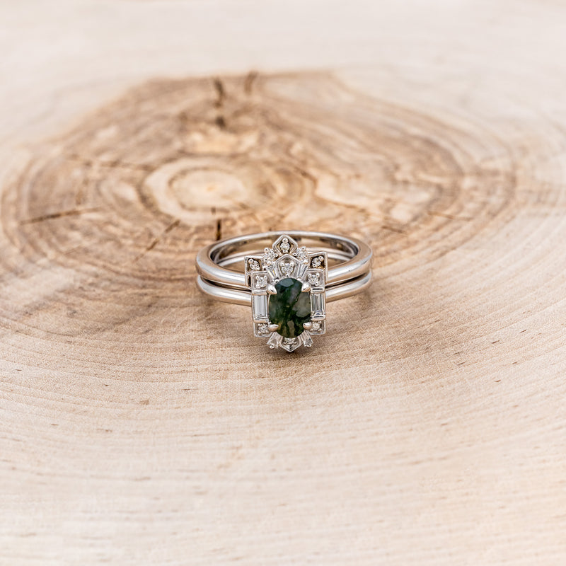 "CLEOPATRA" - OVAL MOSS AGATE ENGAGEMENT RING WITH DIAMOND ACCENTS & TRACER - READY TO SHIP