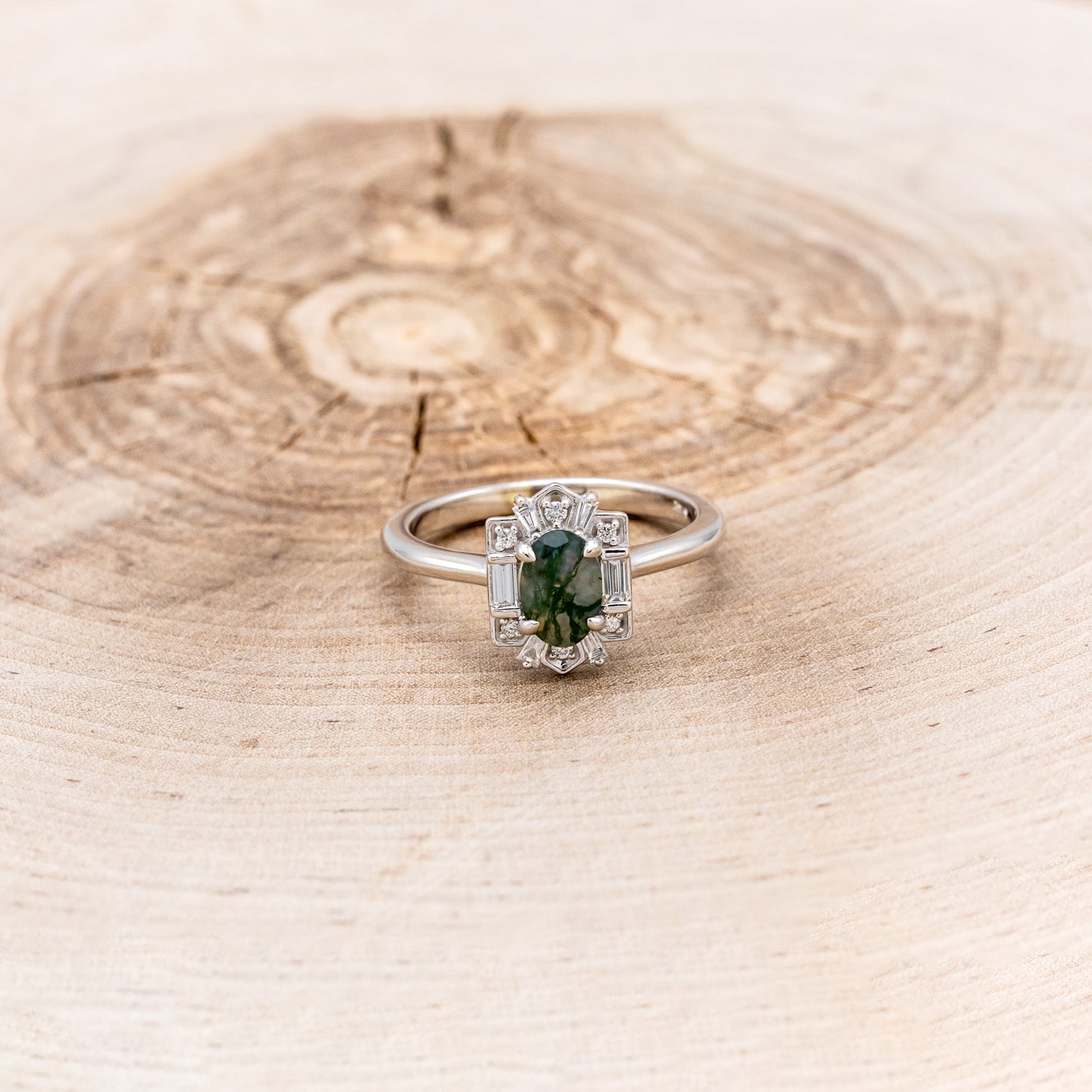 "CLEOPATRA" - OVAL MOSS AGATE ENGAGEMENT RING WITH DIAMOND ACCENTS & TRACER-10