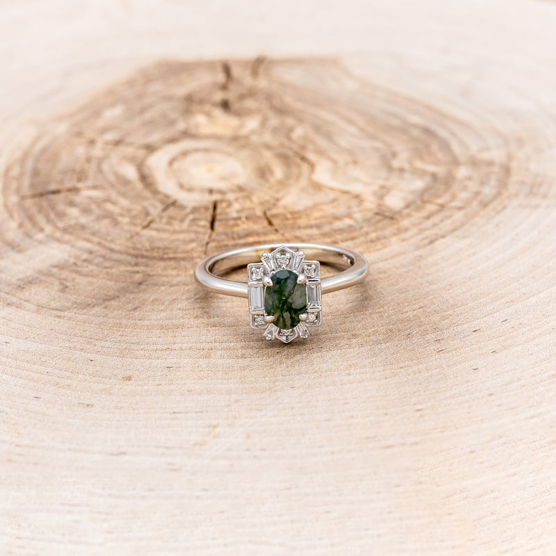 "CLEOPATRA" - OVAL MOSS AGATE ENGAGEMENT RING WITH DIAMOND ACCENTS & TRACER-10