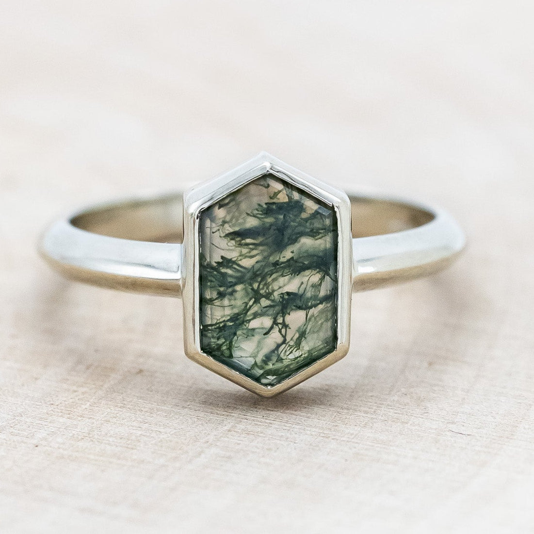 "CORA" - ELONGATED HEXAGON CUT MOSS AGATE SOLITAIRE ENGAGEMENT RING-Staghead Designs
