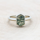 "CORA" - ELONGATED HEXAGON CUT MOSS AGATE SOLITAIRE ENGAGEMENT RING-Staghead Designs