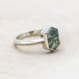 "CORA" - ELONGATED HEXAGON CUT MOSS AGATE SOLITAIRE ENGAGEMENT RING-Staghead Designs