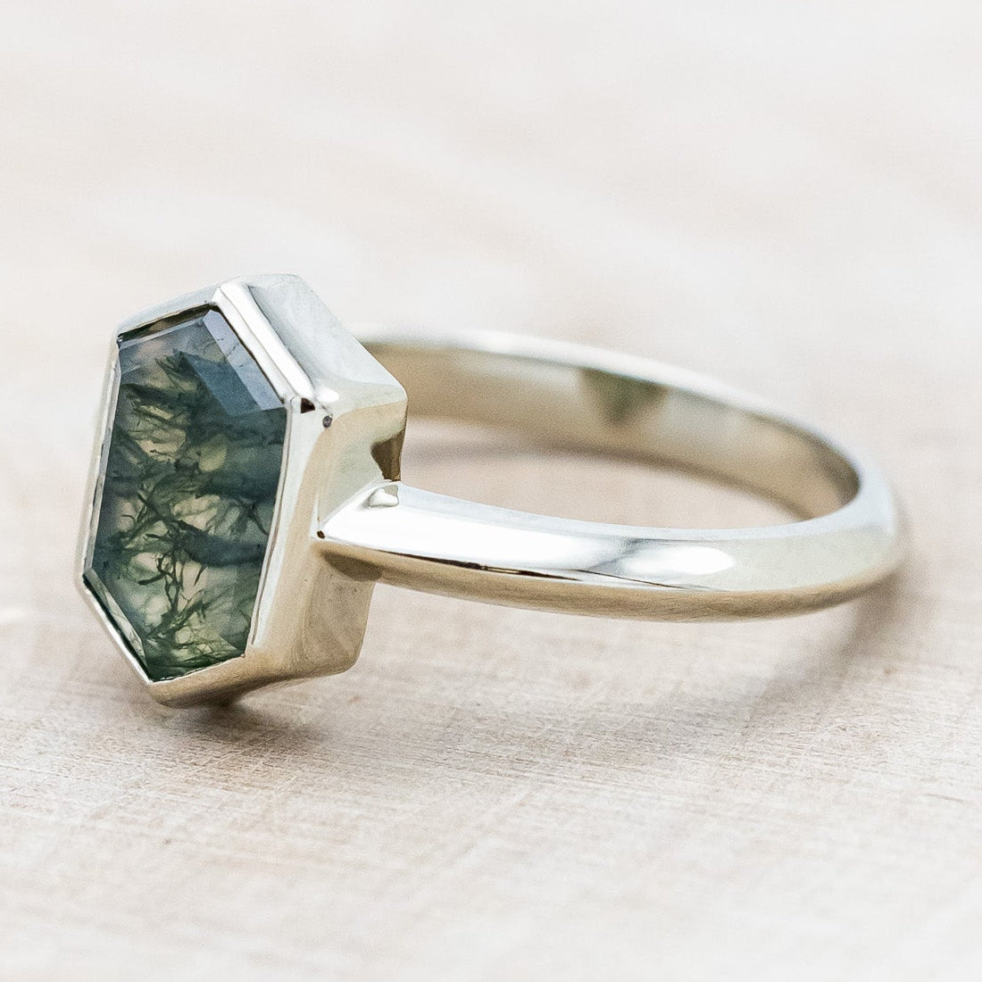 "CORA" - ELONGATED HEXAGON CUT MOSS AGATE SOLITAIRE ENGAGEMENT RING-Staghead Designs