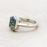 "CORA" - ELONGATED HEXAGON CUT MOSS AGATE SOLITAIRE ENGAGEMENT RING-Staghead Designs