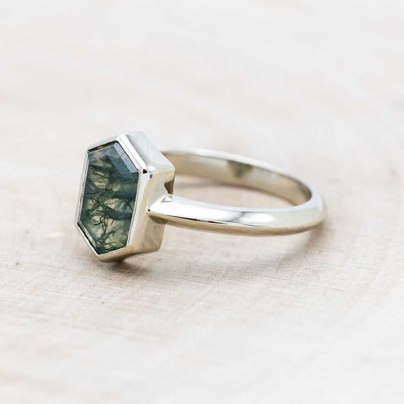 "CORA" - ELONGATED HEXAGON CUT MOSS AGATE SOLITAIRE ENGAGEMENT RING-Staghead Designs