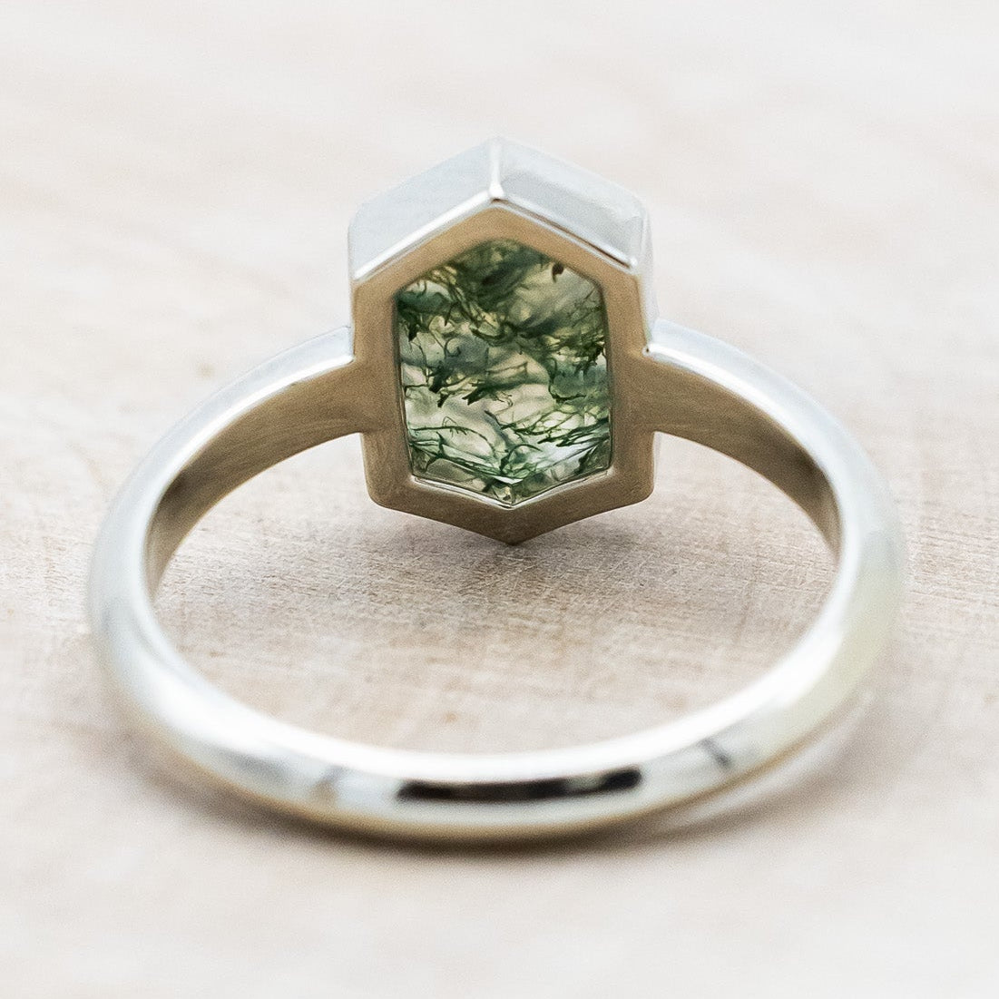 "CORA" - ELONGATED HEXAGON CUT MOSS AGATE SOLITAIRE ENGAGEMENT RING-Staghead Designs