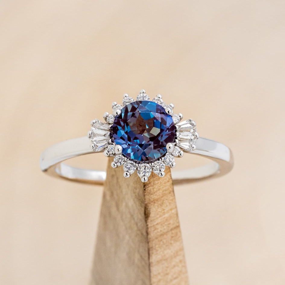 "CORALIE" - ROUND CUT LAB-GROWN ALEXANDRITE ENGAGEMENT RING WITH A DIAMOND HALO-13
