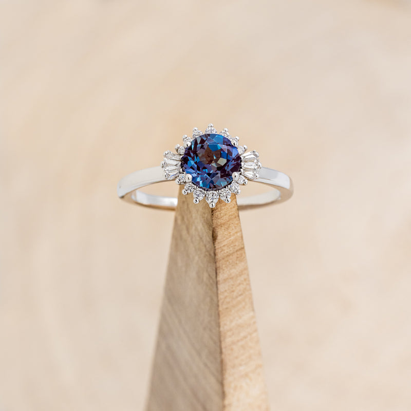 "CORALIE" - ROUND CUT LAB-GROWN ALEXANDRITE ENGAGEMENT RING WITH A DIAMOND HALO-13