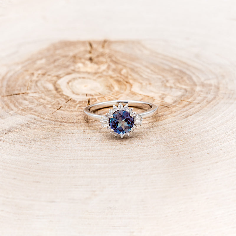 "CORALIE" - ROUND CUT LAB-GROWN ALEXANDRITE ENGAGEMENT RING WITH A DIAMOND HALO-16