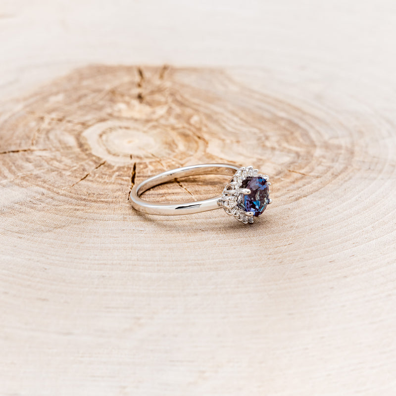 "CORALIE" - ROUND CUT LAB-GROWN ALEXANDRITE ENGAGEMENT RING WITH A DIAMOND HALO-14