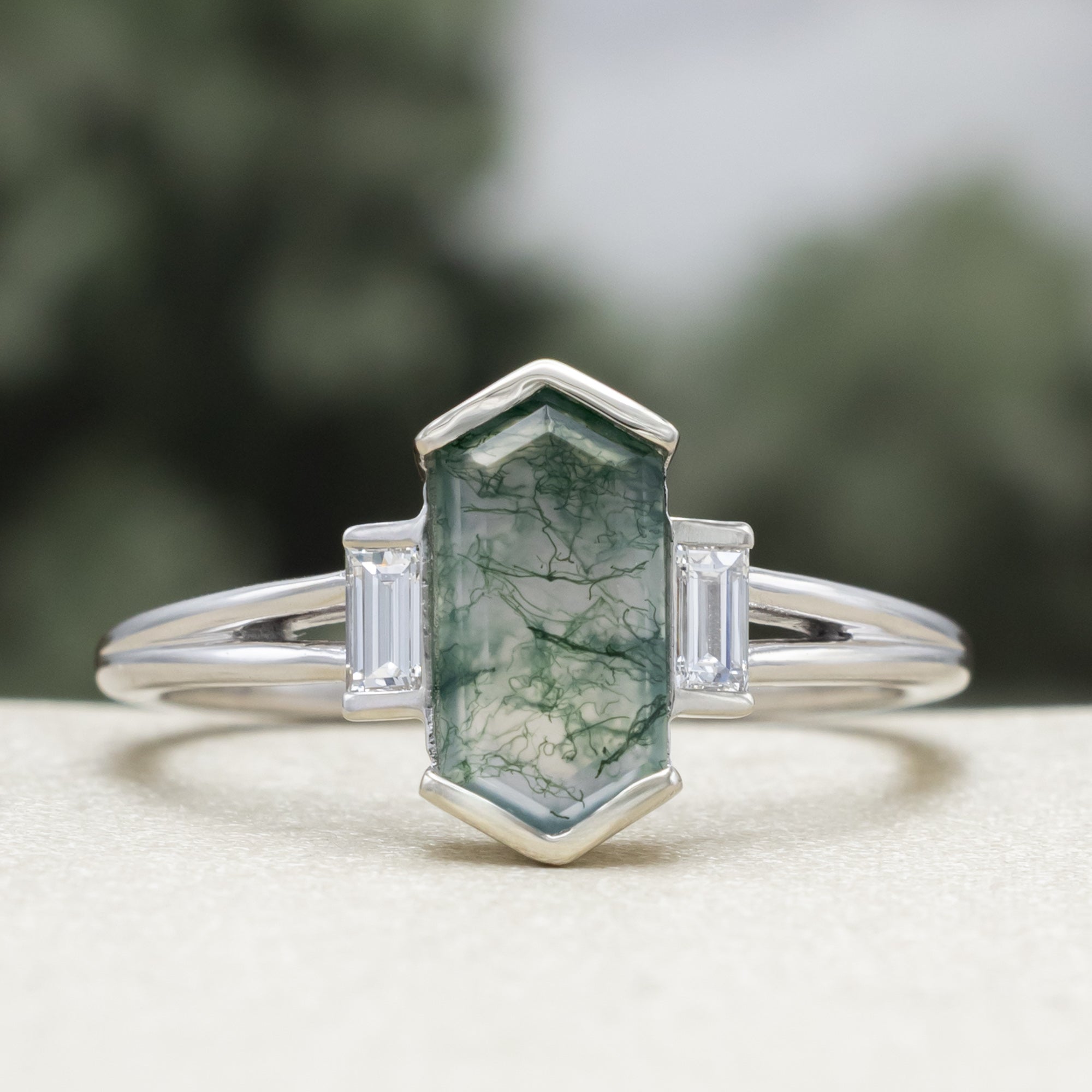 "Corella" - Half Bezel Set Elongated Hexagon Cut Moss Agate Engagement Ring With Diamond Accents