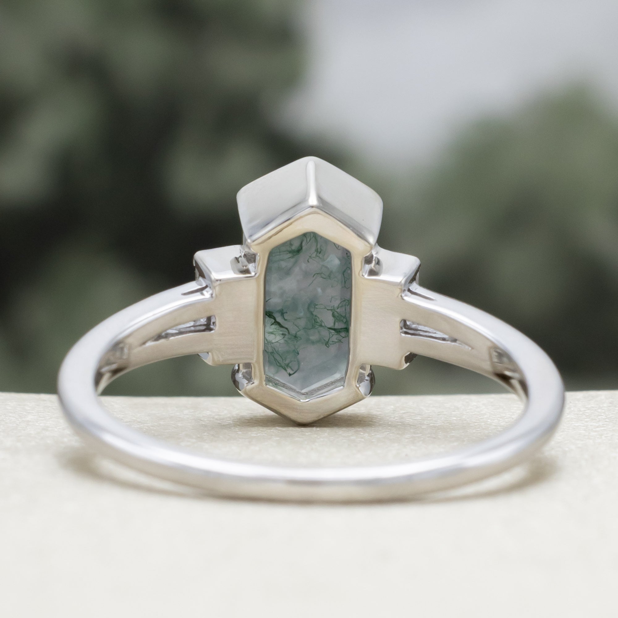 "Corella" - Half Bezel Set Elongated Hexagon Cut Moss Agate Engagement Ring With Diamond Accents
