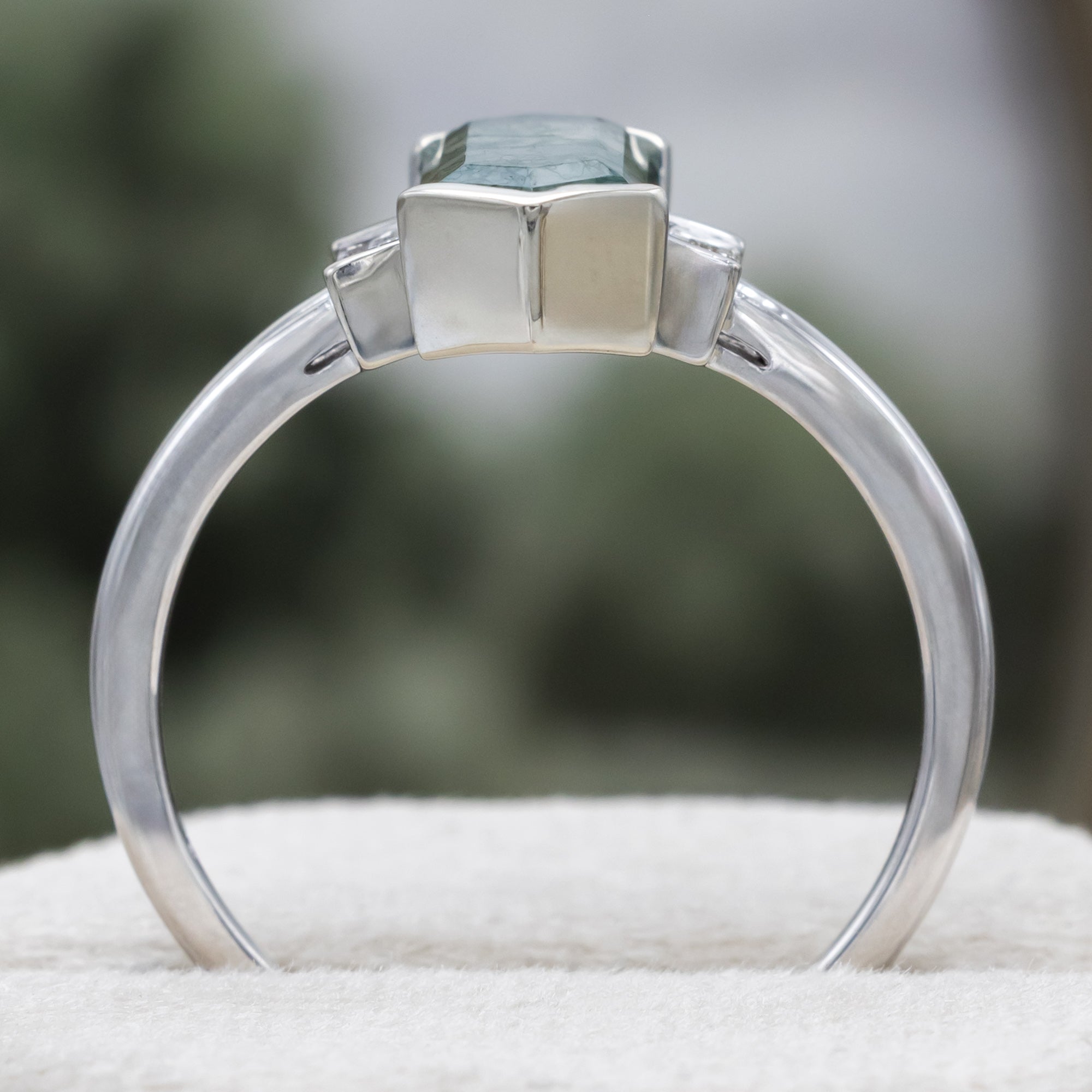 "Corella" - Half Bezel Set Elongated Hexagon Cut Moss Agate Engagement Ring With Diamond Accents