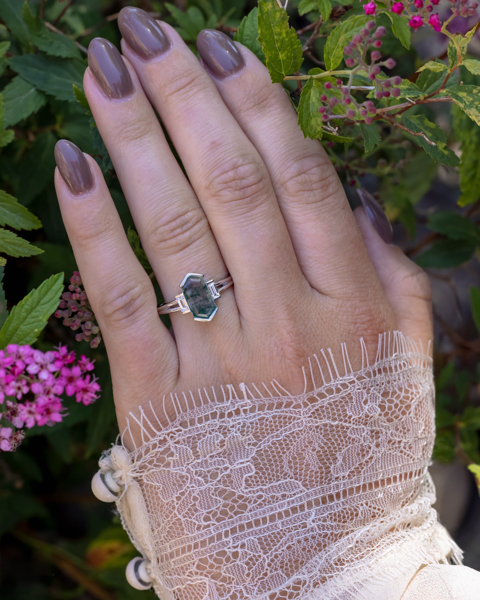 "Corella" - Half Bezel Set Elongated Hexagon Cut Moss Agate Engagement Ring With Diamond Accents