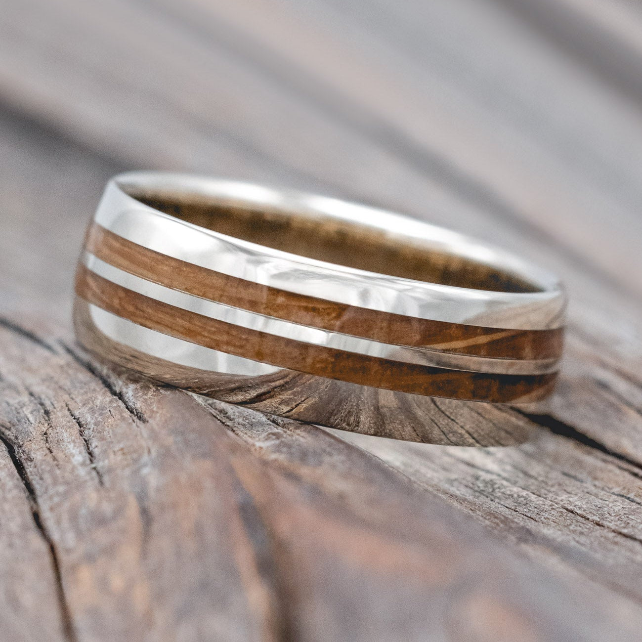 "Cosmo" - Domed Whiskey Barrel Oak Wedding Ring-Staghead Designs