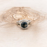 "CRAZY ON YOU" - BRIDAL SUITE - HEXAGON CUT MOSS AGATE ENGAGEMENT RING WITH DIAMOND HALO, BLACK OPAL INLAYS & TRACERS