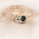 "CRAZY ON YOU" - BRIDAL SUITE - HEXAGON CUT MOSS AGATE ENGAGEMENT RING WITH DIAMOND HALO, BLACK OPAL INLAYS & TRACERS