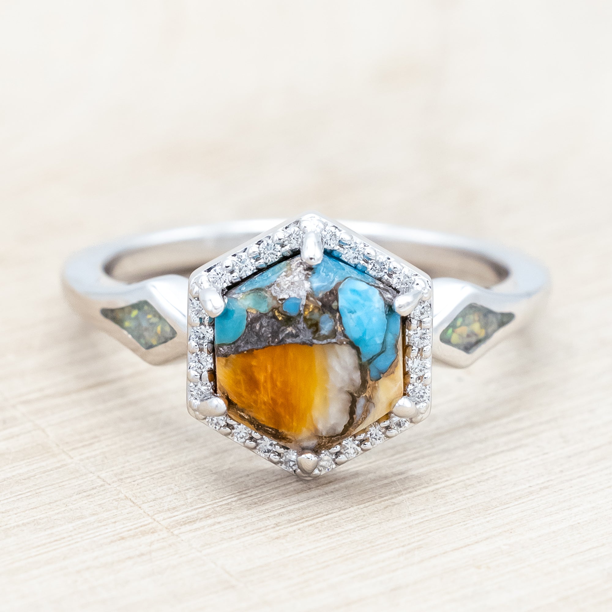 "CRAZY ON YOU" - HEXAGON CUT SPINY OYSTER TURQUOISE ENGAGEMENT RING WITH DIAMOND HALO & FIRE AND ICE OPAL INLAYS-Staghead Designs