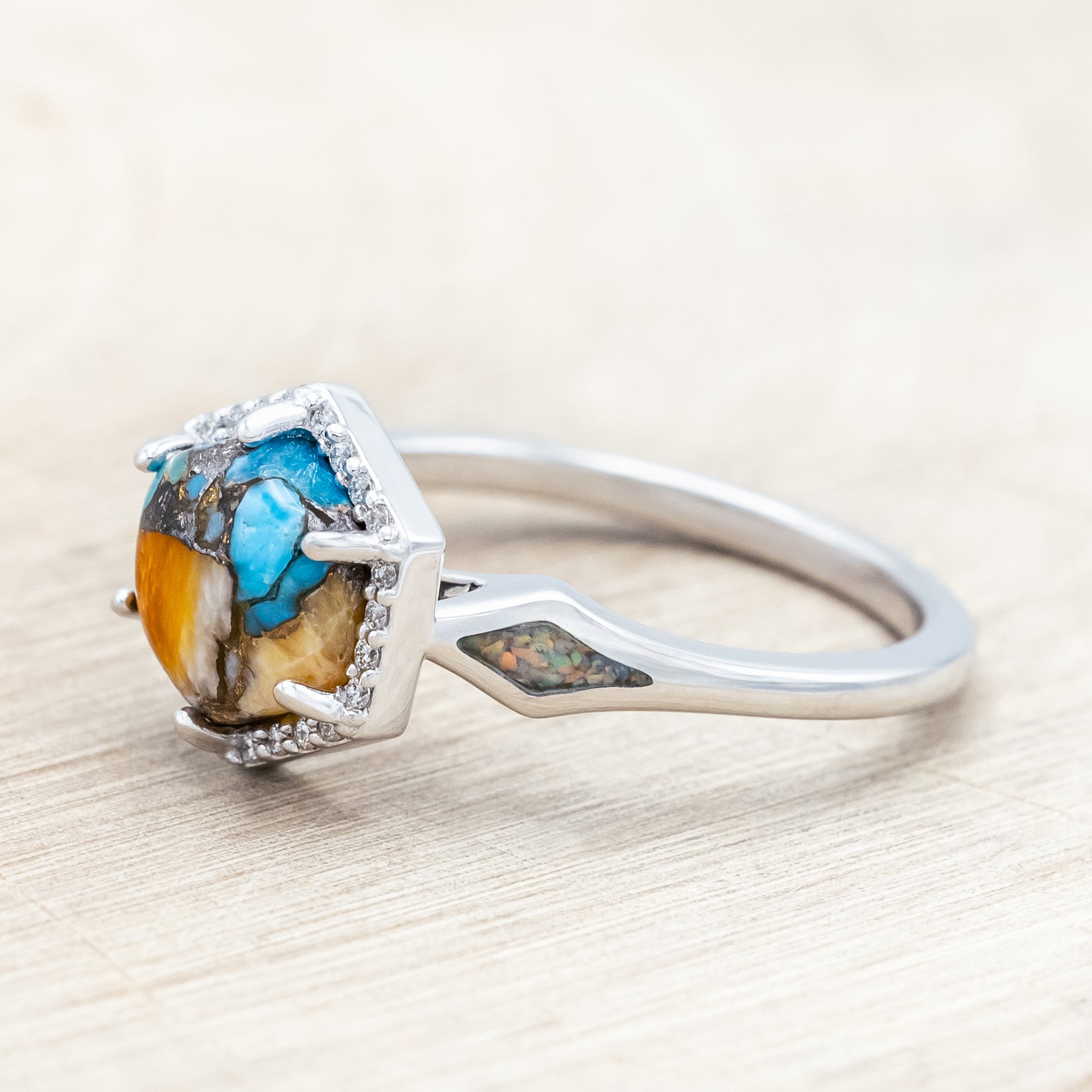 "CRAZY ON YOU" - HEXAGON CUT SPINY OYSTER TURQUOISE ENGAGEMENT RING WITH DIAMOND HALO & FIRE AND ICE OPAL INLAYS-Staghead Designs