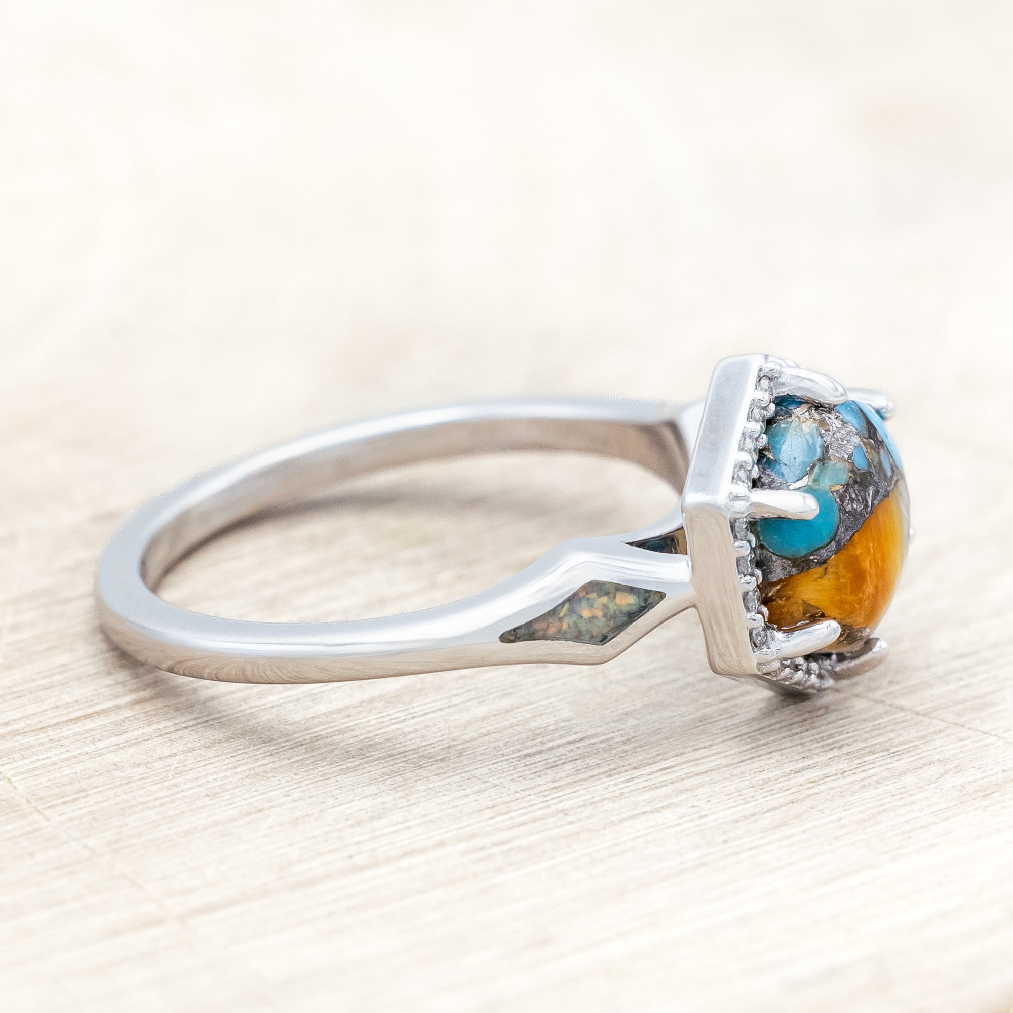 "CRAZY ON YOU" - HEXAGON CUT SPINY OYSTER TURQUOISE ENGAGEMENT RING WITH DIAMOND HALO & FIRE AND ICE OPAL INLAYS-Staghead Designs