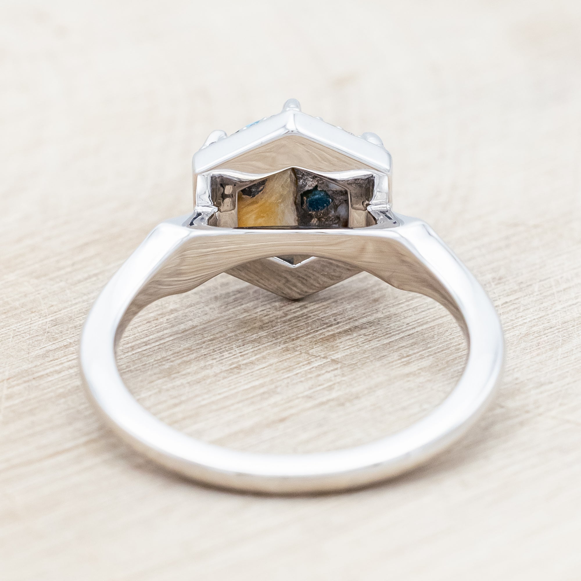 "CRAZY ON YOU" - HEXAGON CUT SPINY OYSTER TURQUOISE ENGAGEMENT RING WITH DIAMOND HALO & FIRE AND ICE OPAL INLAYS-Staghead Designs