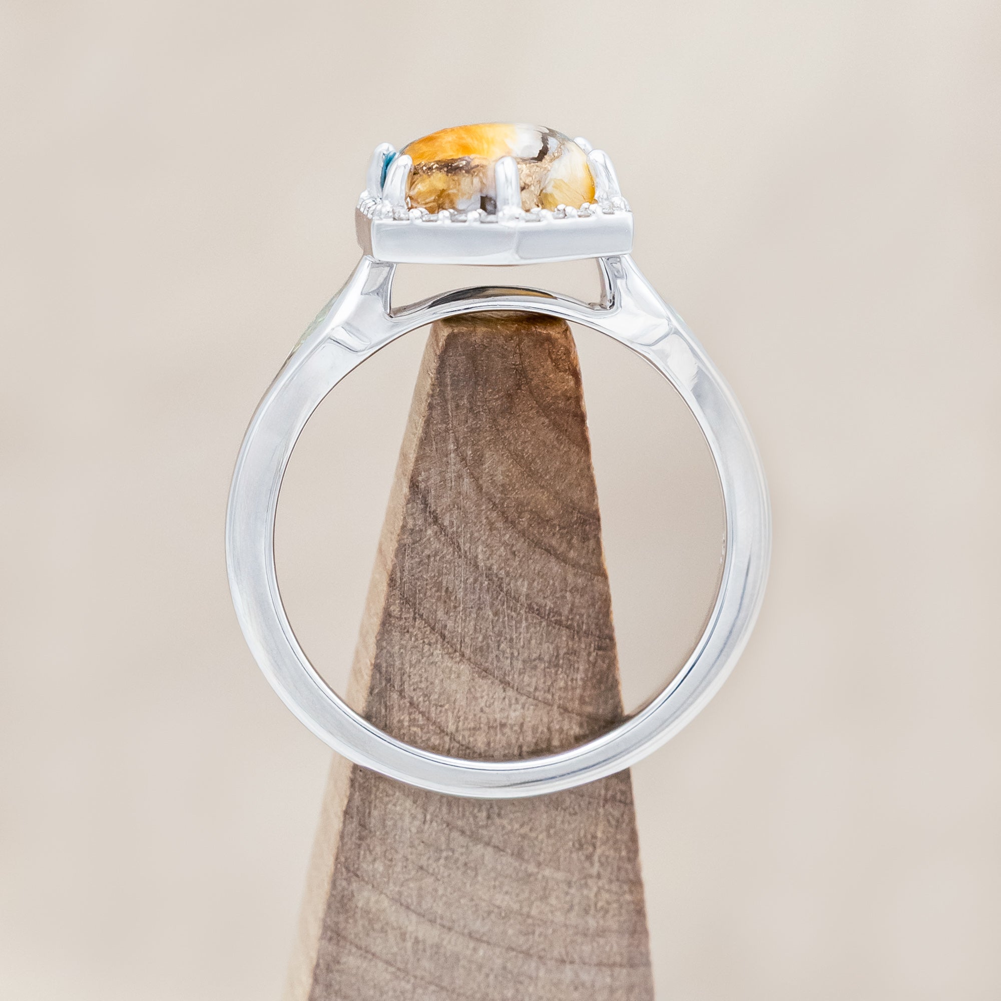 "CRAZY ON YOU" - HEXAGON CUT SPINY OYSTER TURQUOISE ENGAGEMENT RING WITH DIAMOND HALO & FIRE AND ICE OPAL INLAYS-Staghead Designs