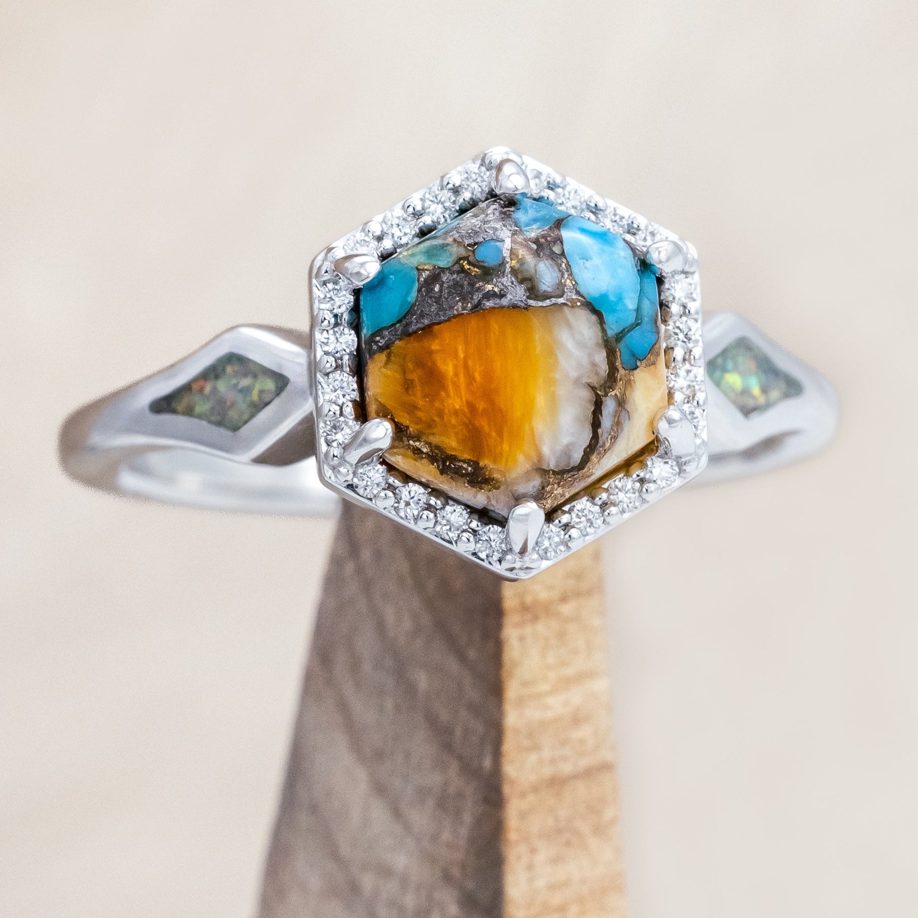 "CRAZY ON YOU" - HEXAGON CUT SPINY OYSTER TURQUOISE ENGAGEMENT RING WITH DIAMOND HALO & FIRE AND ICE OPAL INLAYS-Staghead Designs